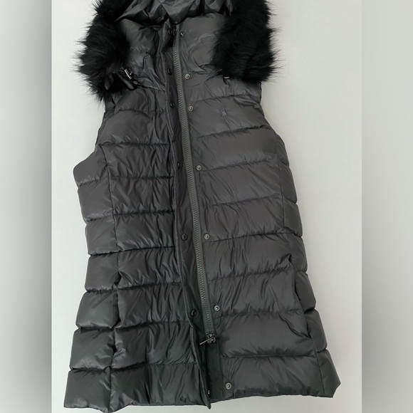 POLO RALPH LAUREN Water Resistant Down Hooded Vest Magnum Grey XS Fur trim - Picture 8 of 16
